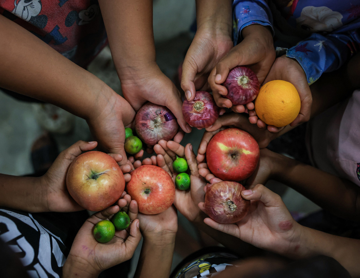 A group of hands holding fresh fruit and vegetables
